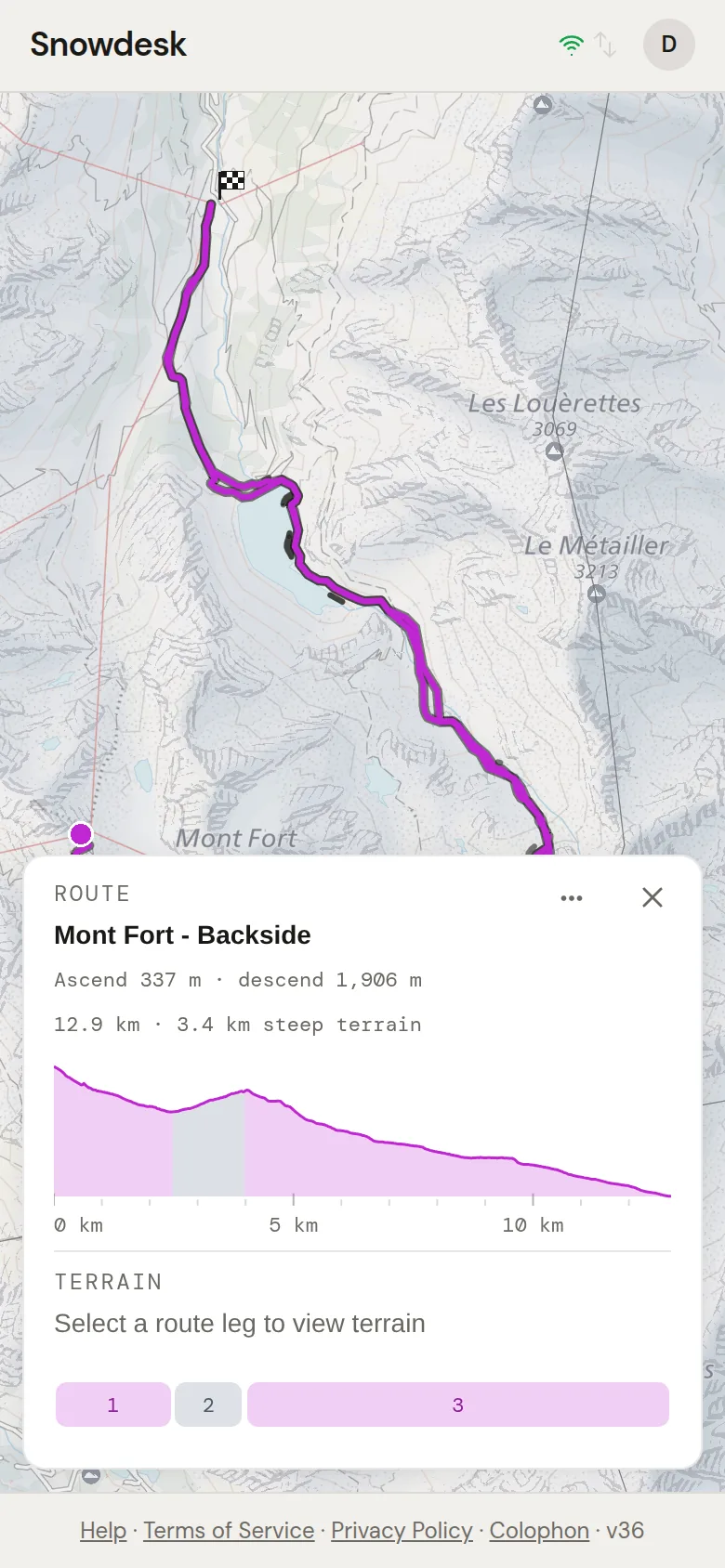 Mont Fort – Backside open on the map on a phone. The route header reads Ascend 337 m · descend 1,906 m and 12.9 km · 3.4 km steep terrain above the height profile.